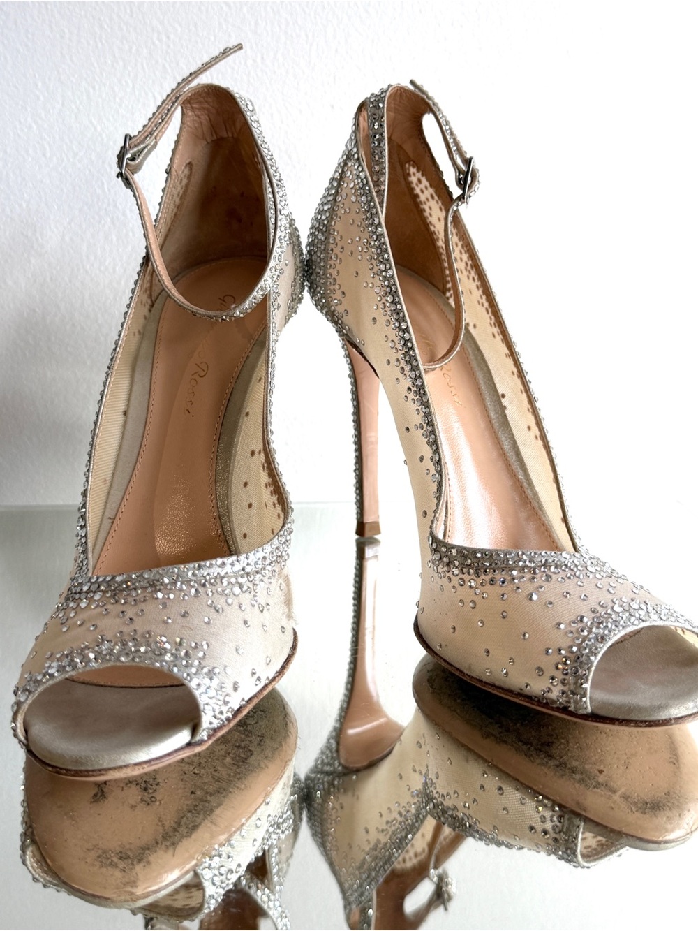 Gianvito Rossi Crystal Embellished Mesh Peep-Toe Ankle Strap Pumps – IT 37.5